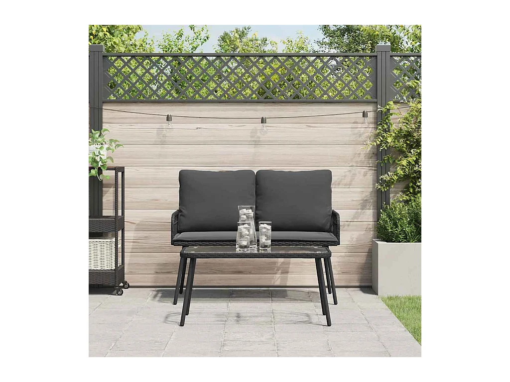 Ensemble de salle à manger jardin avec coussins en poly rattan noir