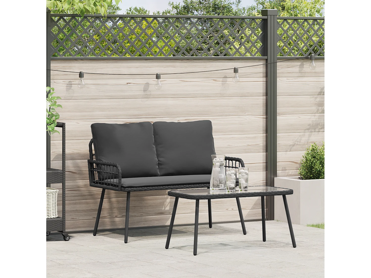 Ensemble de salle à manger jardin avec coussins en poly rattan noir