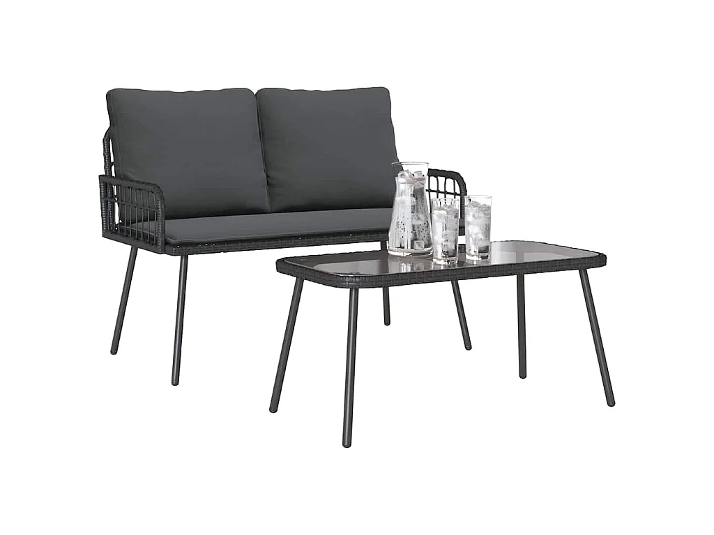 Ensemble de salle à manger jardin avec coussins en poly rattan noir