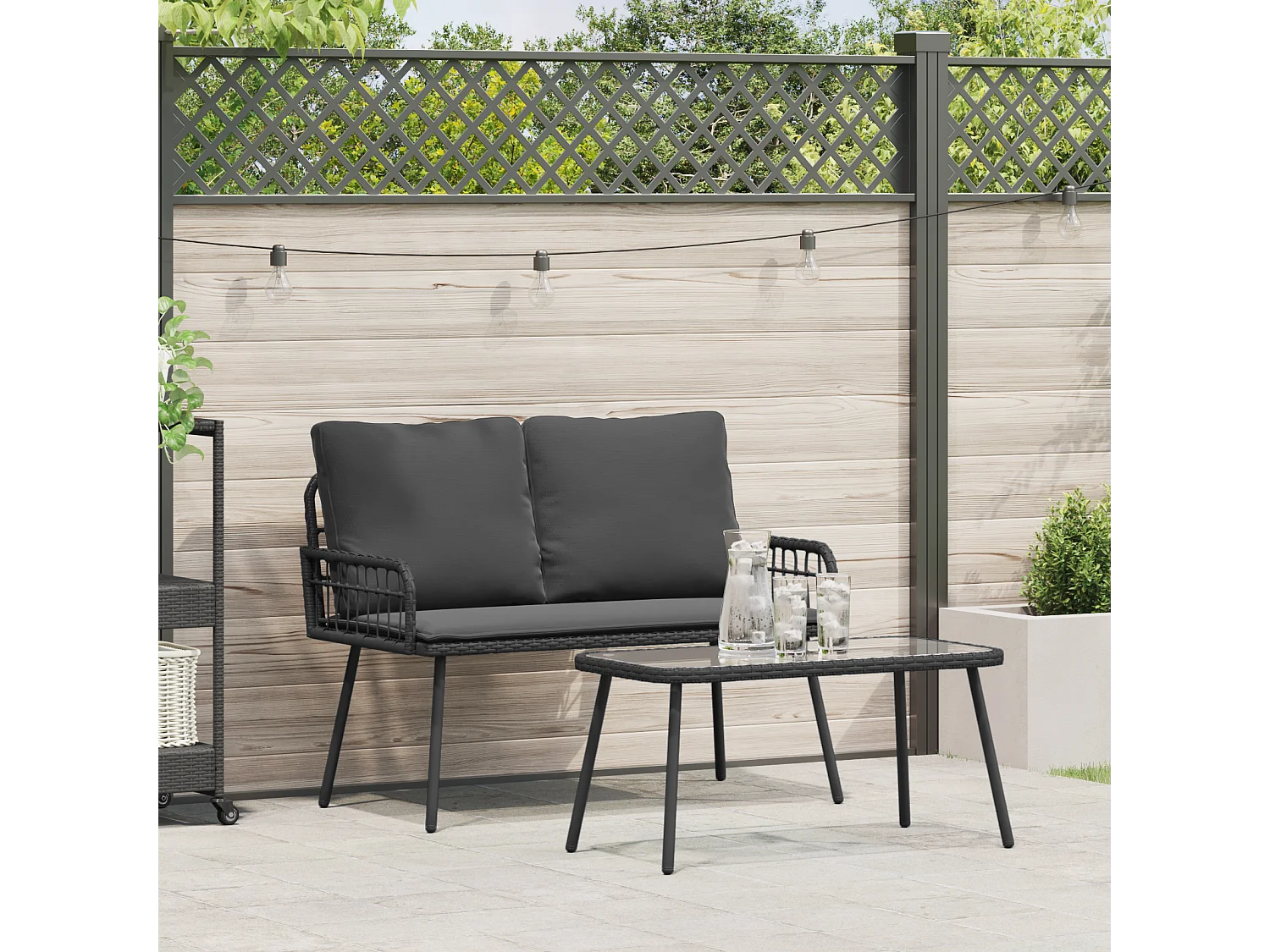 Ensemble de salle à manger jardin avec coussins en poly rattan noir