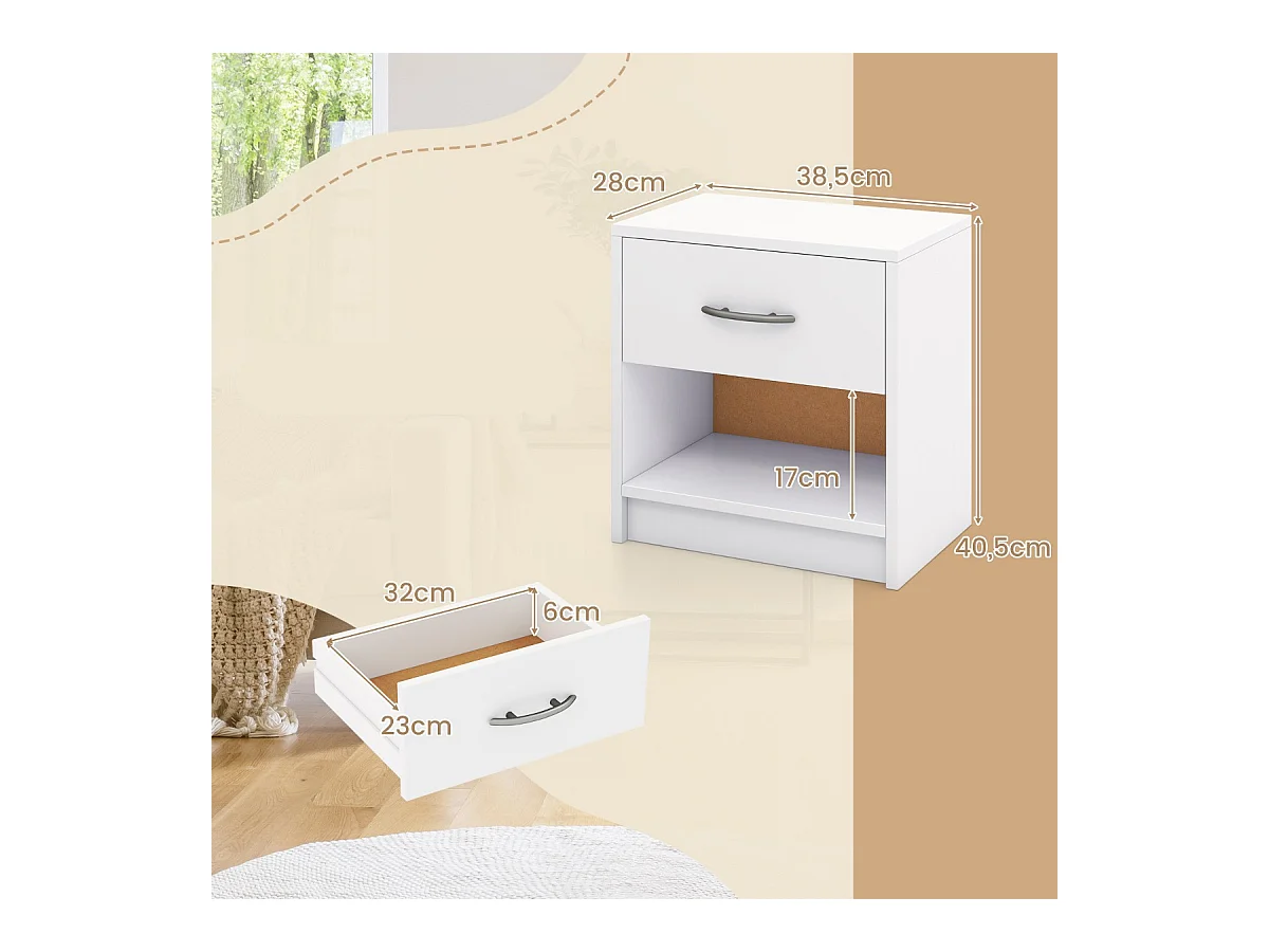 Nachttisch mit Schublade Kleiner Beistelltisch mit offenem Fach 38,5 x 28 x 40,5 cm Weiß