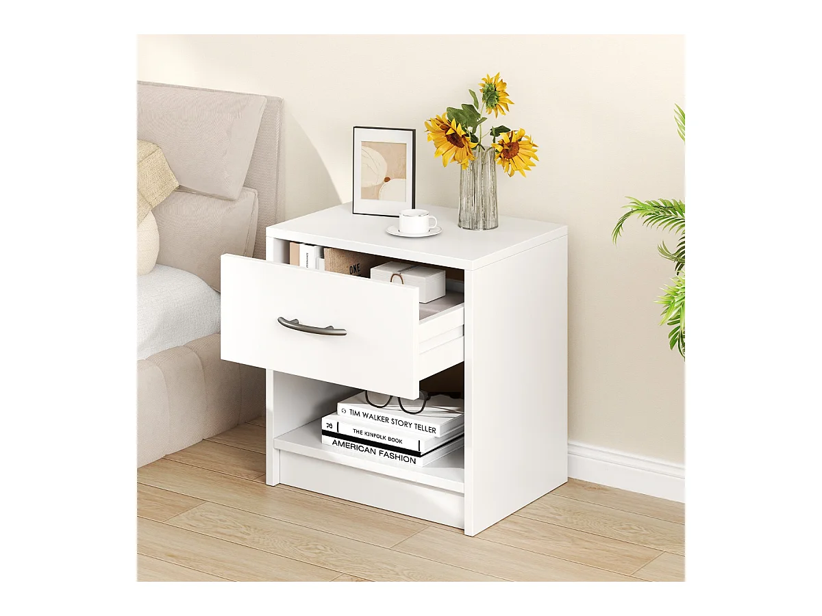 Nachttisch mit Schublade Kleiner Beistelltisch mit offenem Fach 38,5 x 28 x 40,5 cm Weiß
