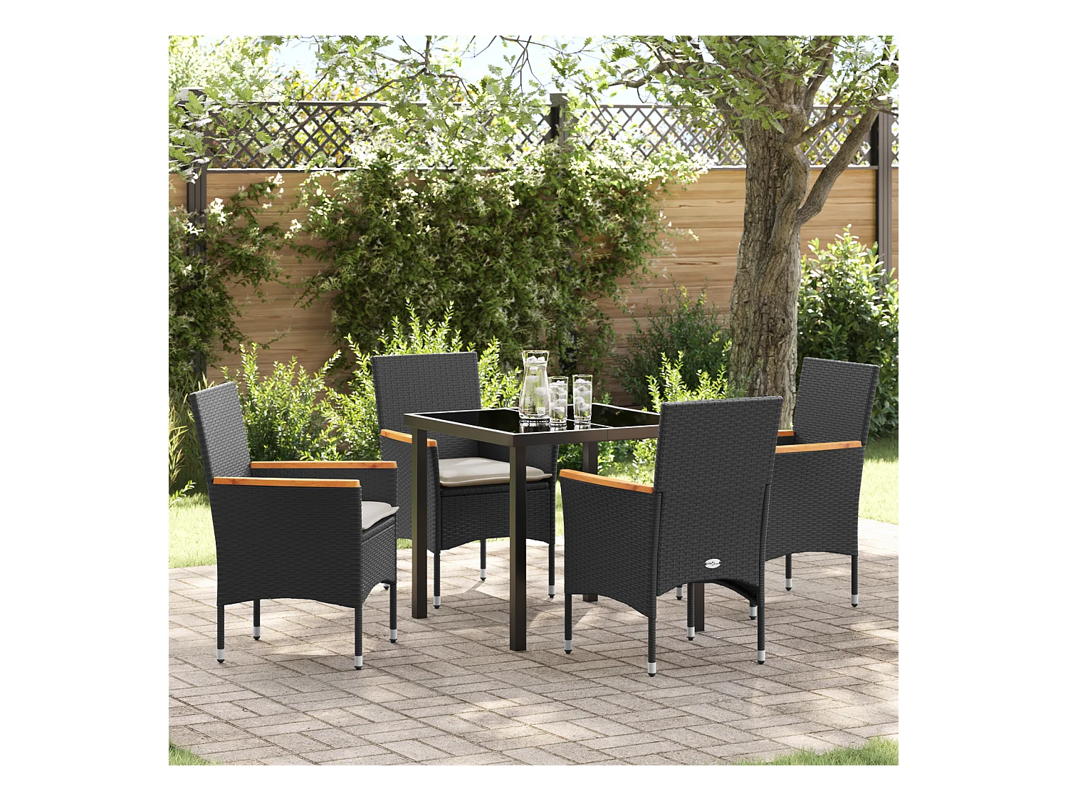 Set da pranzo da giardino 5 pezzi con cuscini in polyrattan nero