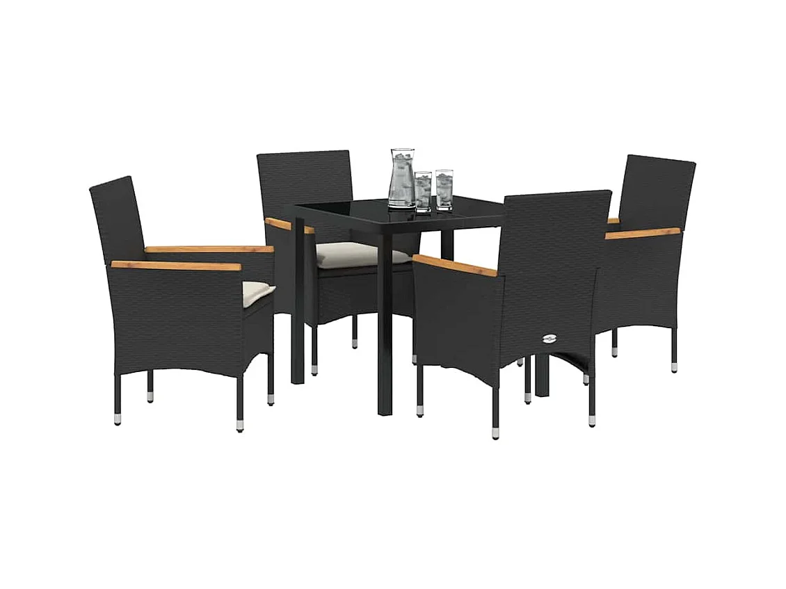 Set da pranzo da giardino 5 pezzi con cuscini in polyrattan nero