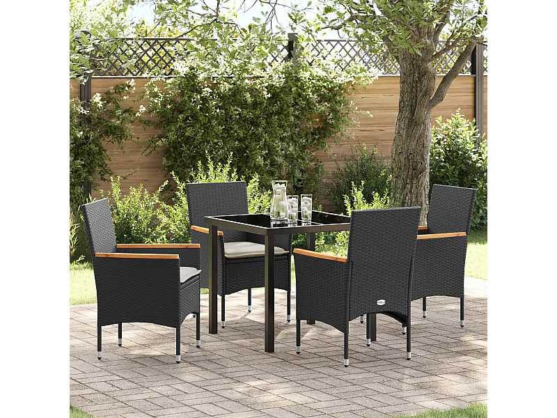 Set da pranzo da giardino 5 pezzi con cuscini in polyrattan nero