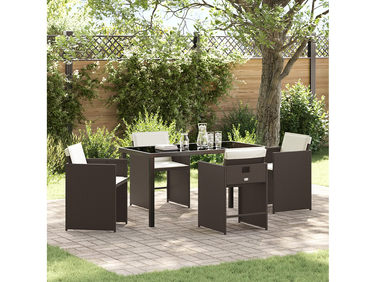 Ensemble de Salle à Manger de Jardin 5 Pièces avec Coussins Marron Poly Rattan