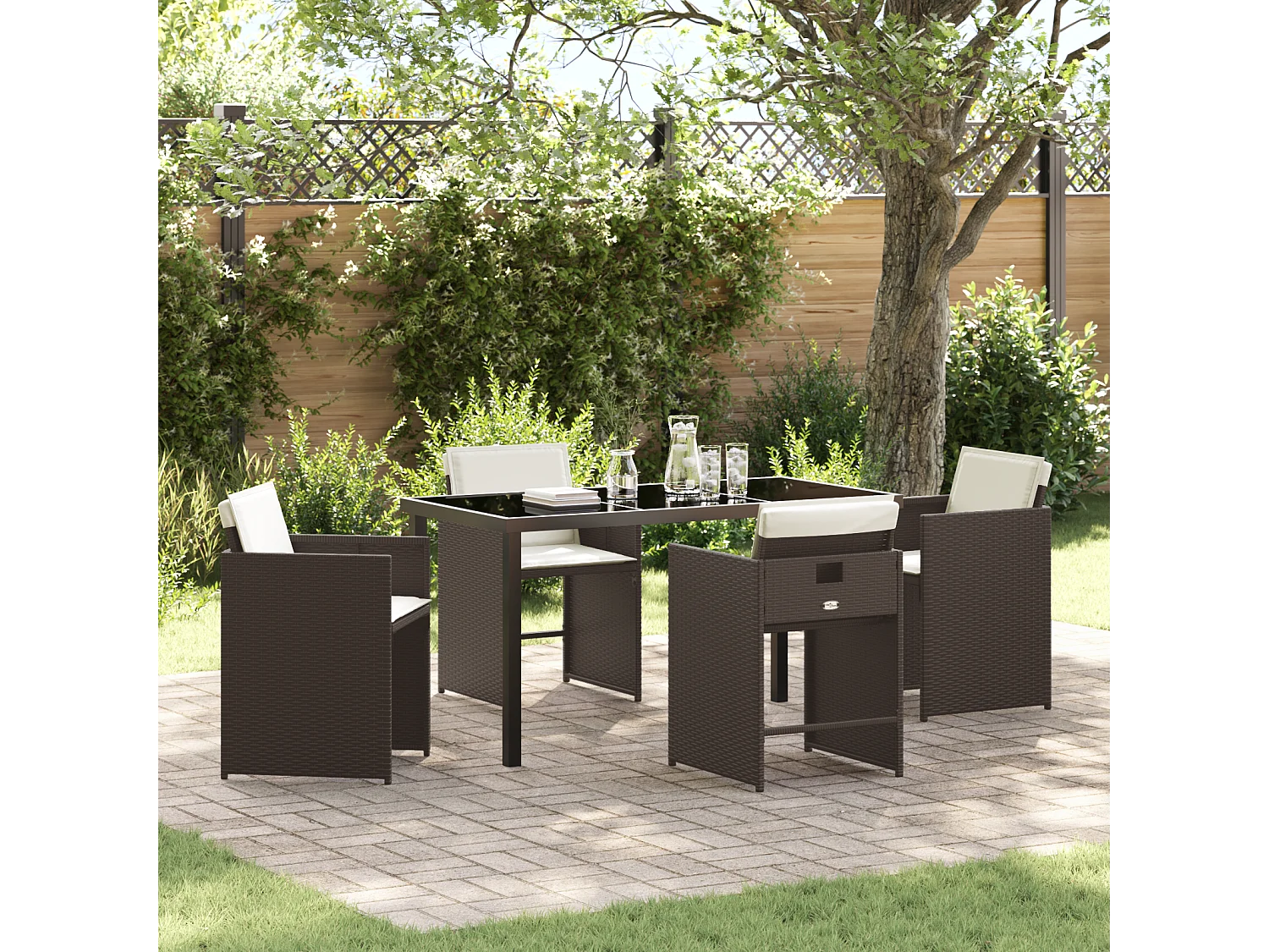 Ensemble de Salle à Manger de Jardin 5 Pièces avec Coussins Marron Poly Rattan
