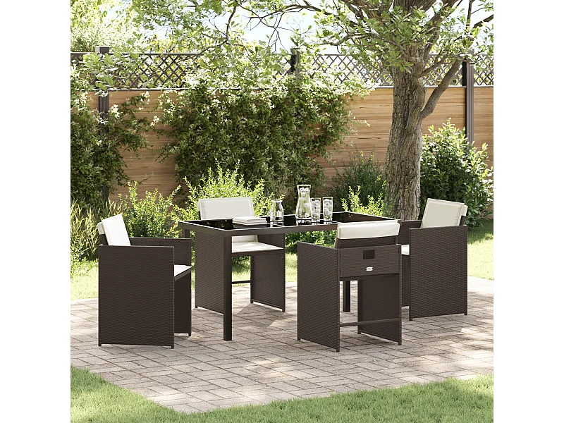 Ensemble de Salle à Manger de Jardin 5 Pièces avec Coussins Marron Poly Rattan