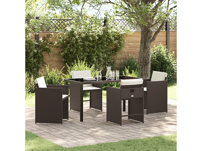 5-teiliges Garten-Essset mit braunen Polyrattan-Kissen