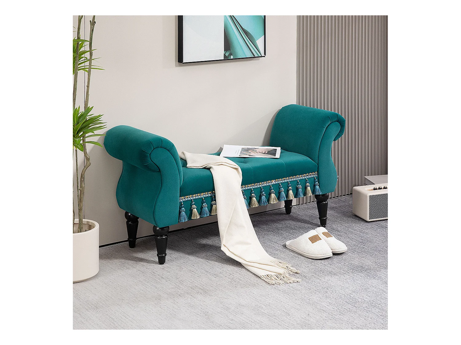 Banc de salon avec rembourrage en velours, design vintage, cadre en bois, vert (117x40x58 cm)