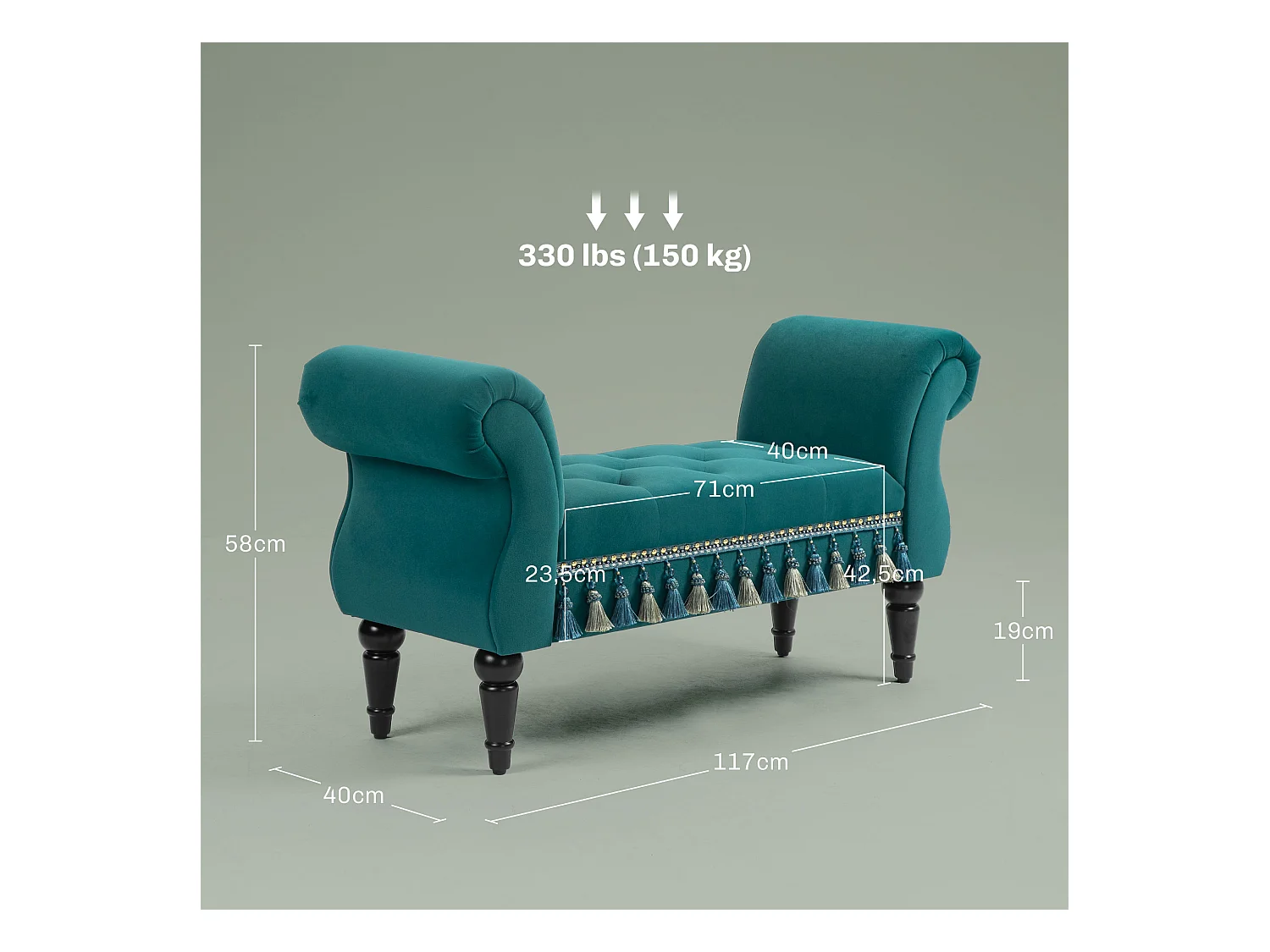 Banc de salon avec rembourrage en velours, design vintage, cadre en bois, vert (117x40x58 cm)