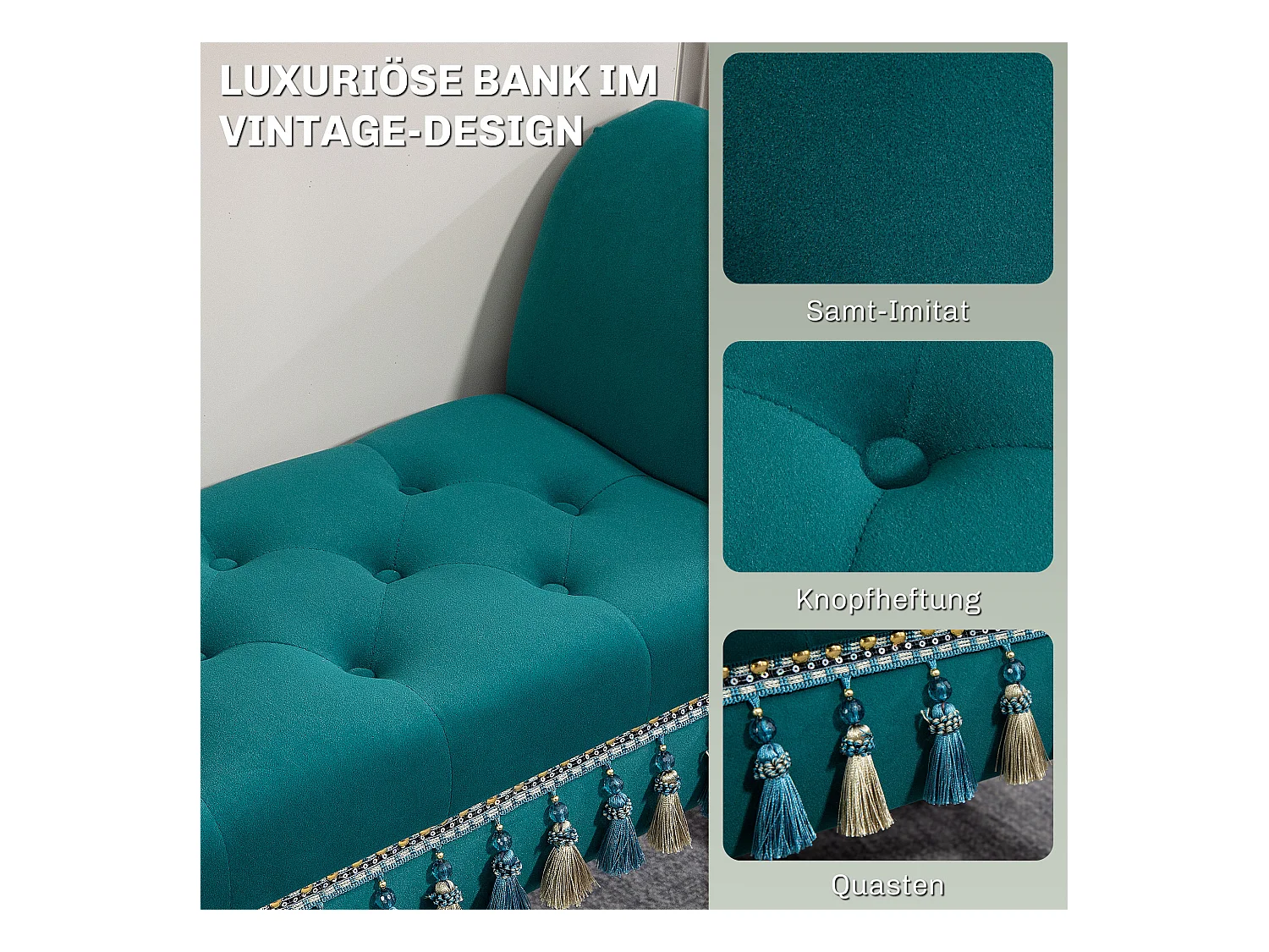 Banc de salon avec rembourrage en velours, design vintage, cadre en bois, vert (117x40x58 cm)