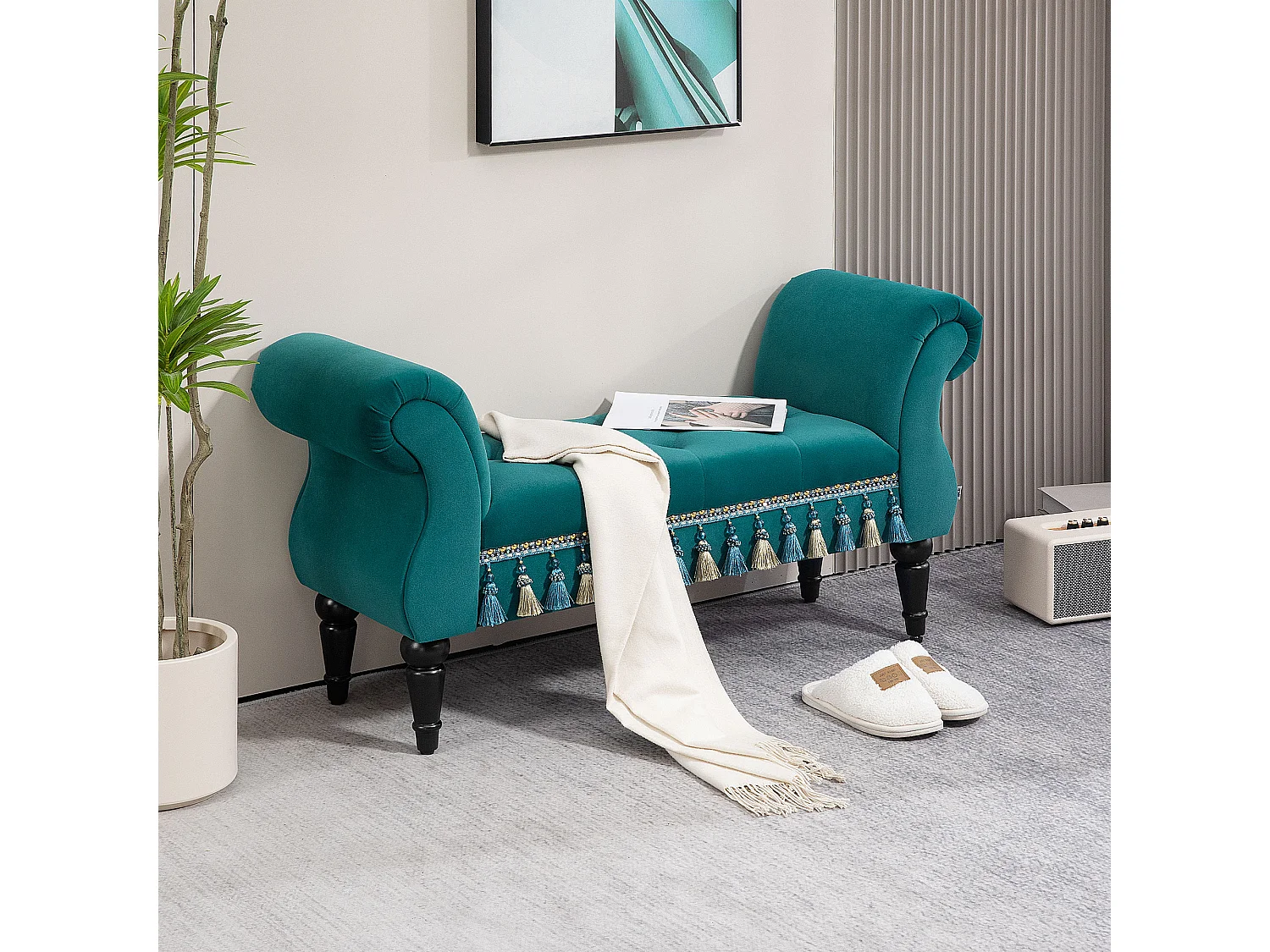 Banc de salon avec rembourrage en velours, design vintage, cadre en bois, vert (117x40x58 cm)