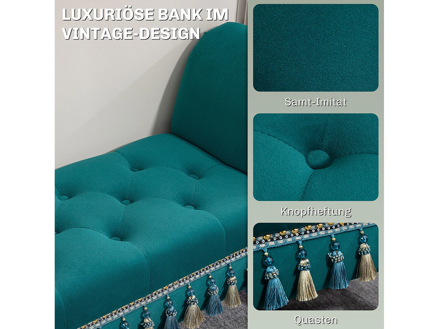 Banc de salon avec rembourrage en velours, design vintage, cadre en bois, vert (117x40x58 cm)