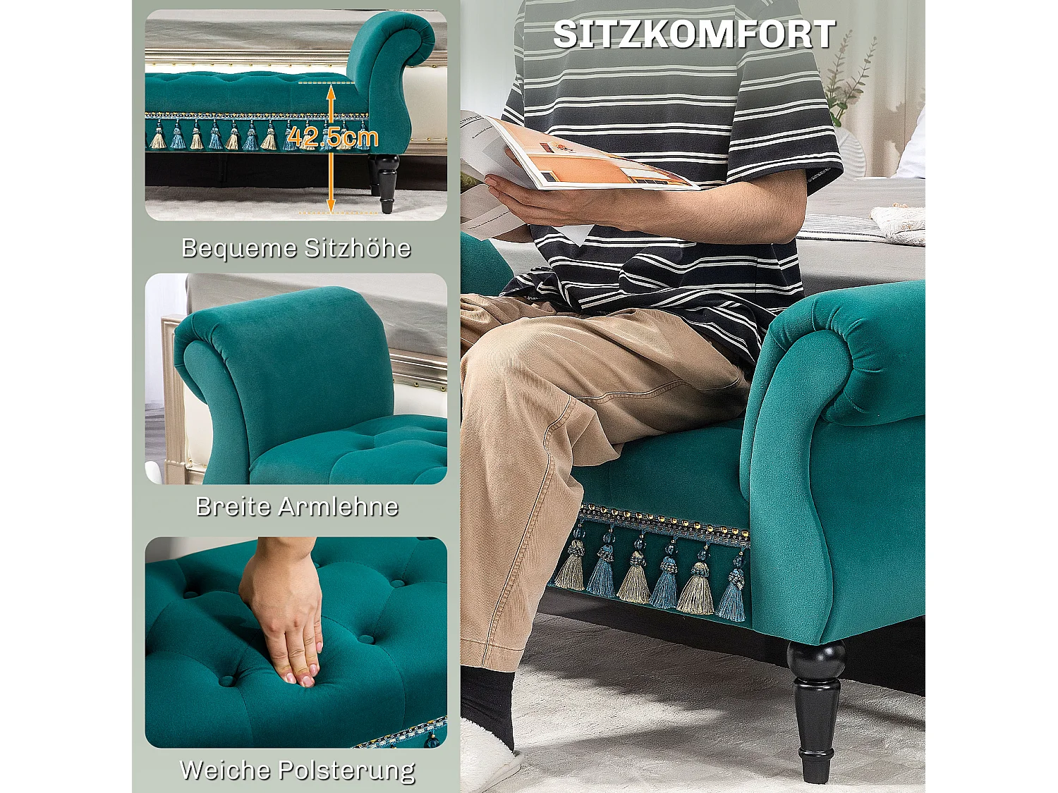 Banc de salon avec rembourrage en velours, design vintage, cadre en bois, vert (117x40x58 cm)