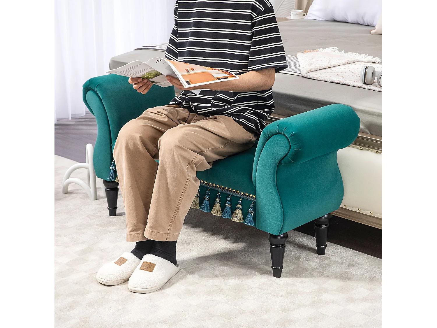 Banc de salon avec rembourrage en velours, design vintage, cadre en bois, vert (117x40x58 cm)