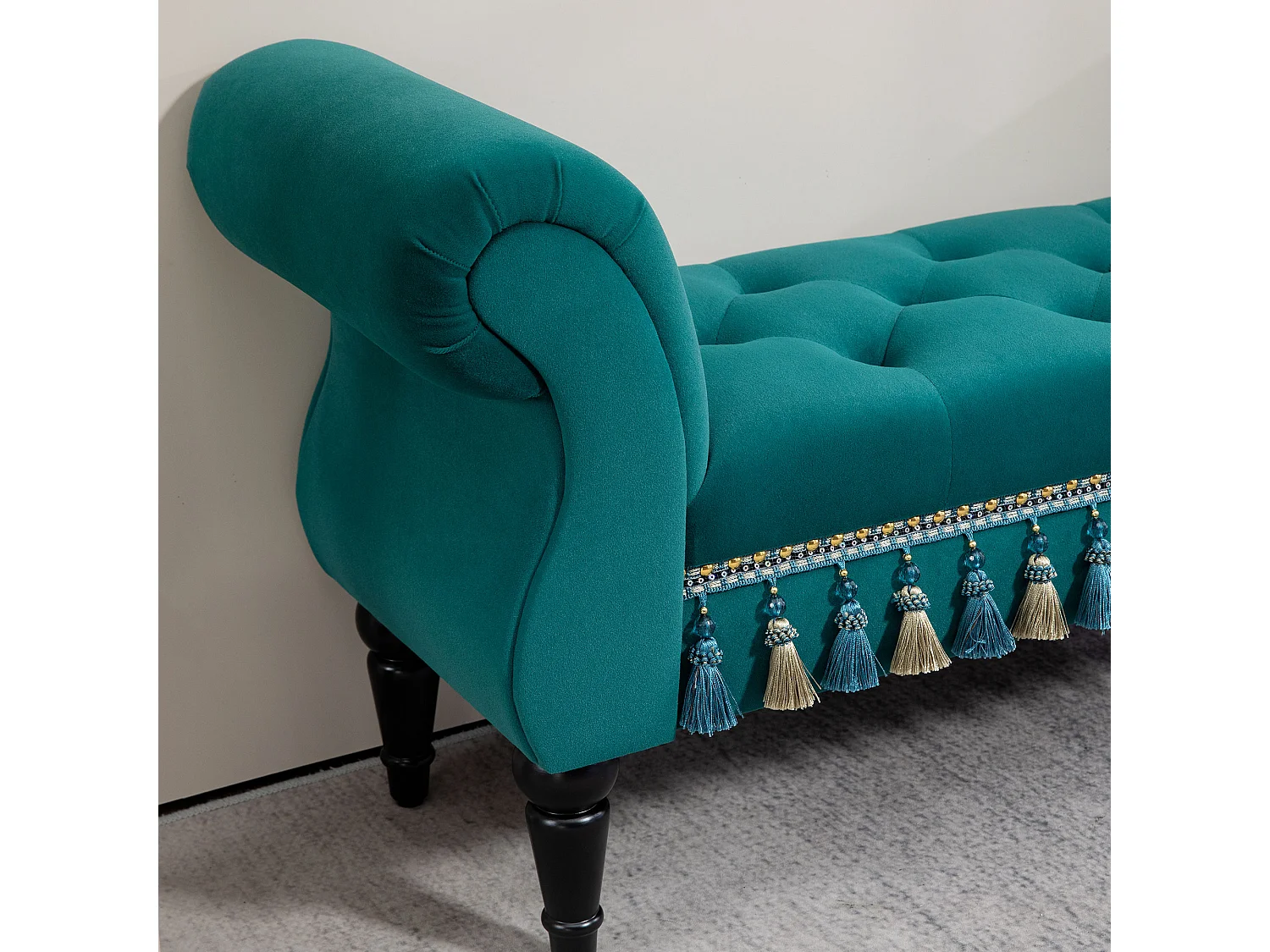 Banc de salon avec rembourrage en velours, design vintage, cadre en bois, vert (117x40x58 cm)