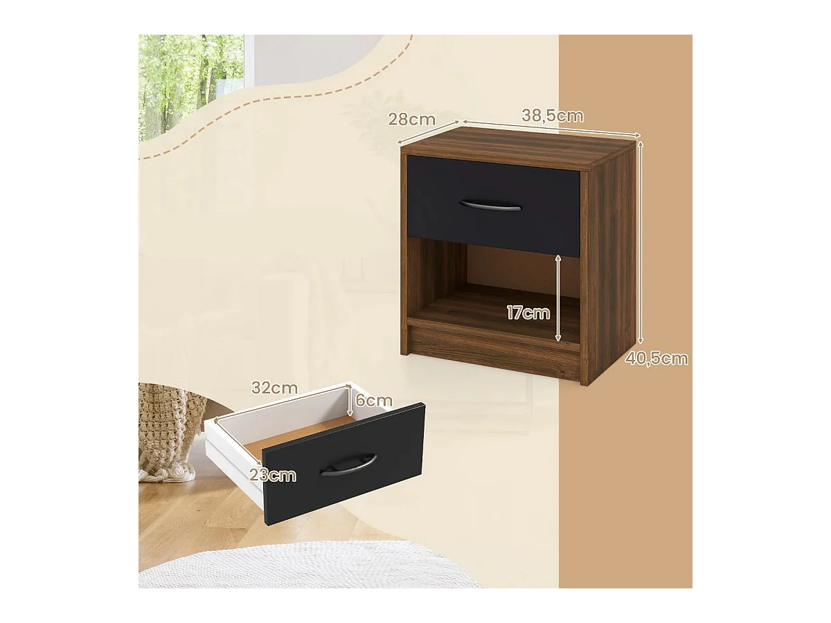 Comodino con cassetto ripiano apertoper soggiorno camera da letto, Tavolino da notte compatto per piccoli spazi Marrone