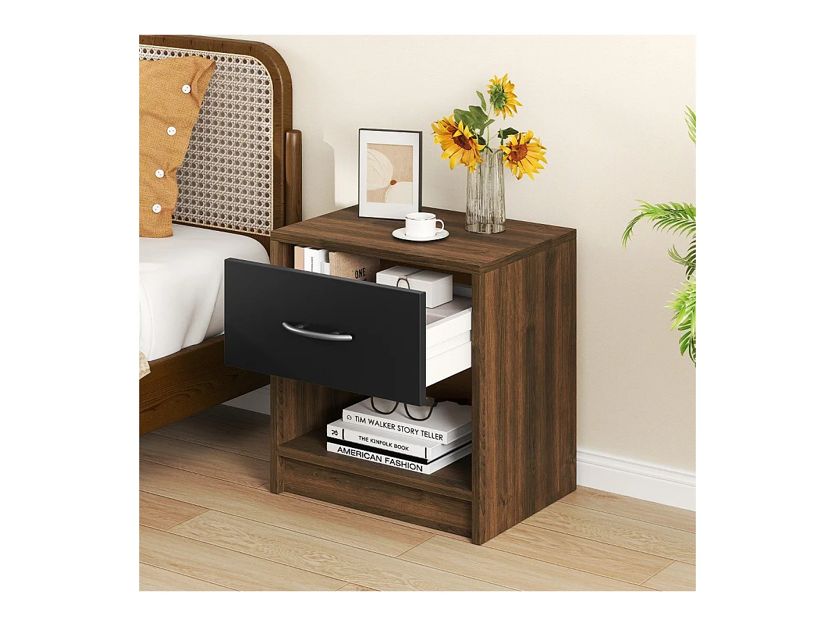 Comodino con cassetto ripiano apertoper soggiorno camera da letto, Tavolino da notte compatto per piccoli spazi Marrone
