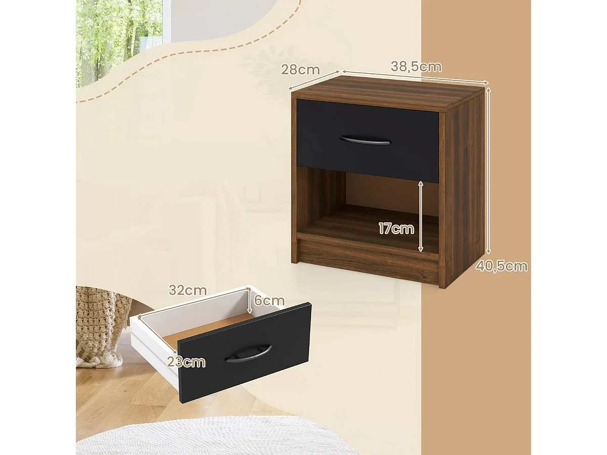 Nachttisch mit Schublade Kleiner Beistelltisch mit offenem Fach 38,5 x 28 x 40,5 cm Braun + Schwarz