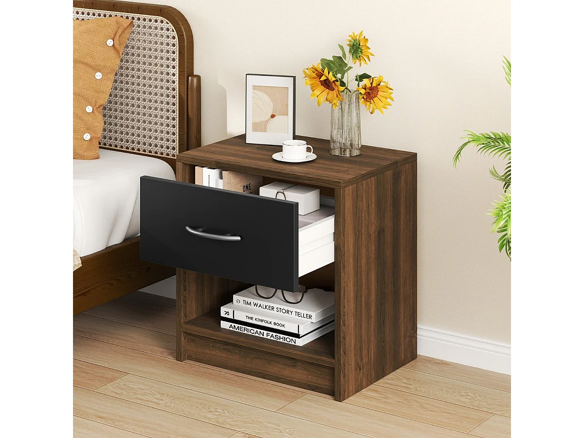 Nachttisch mit Schublade Kleiner Beistelltisch mit offenem Fach 38,5 x 28 x 40,5 cm Braun + Schwarz