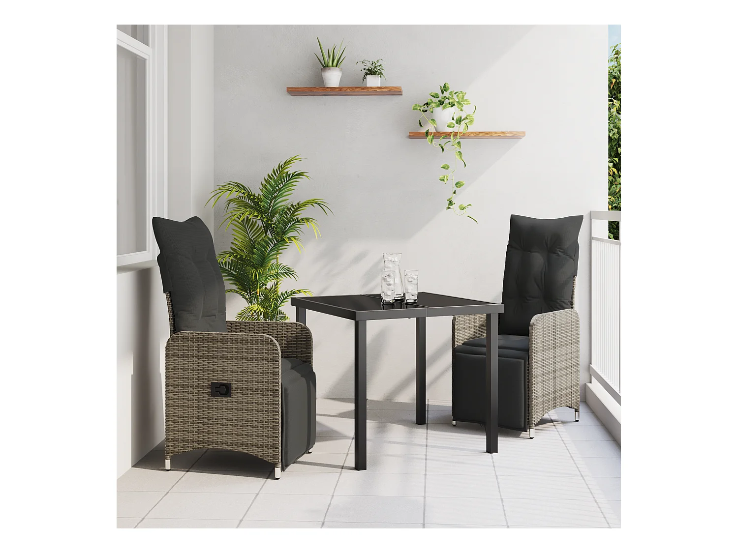 Set da pranzo da giardino 3 pezzi con cuscini in polyrattan grigio