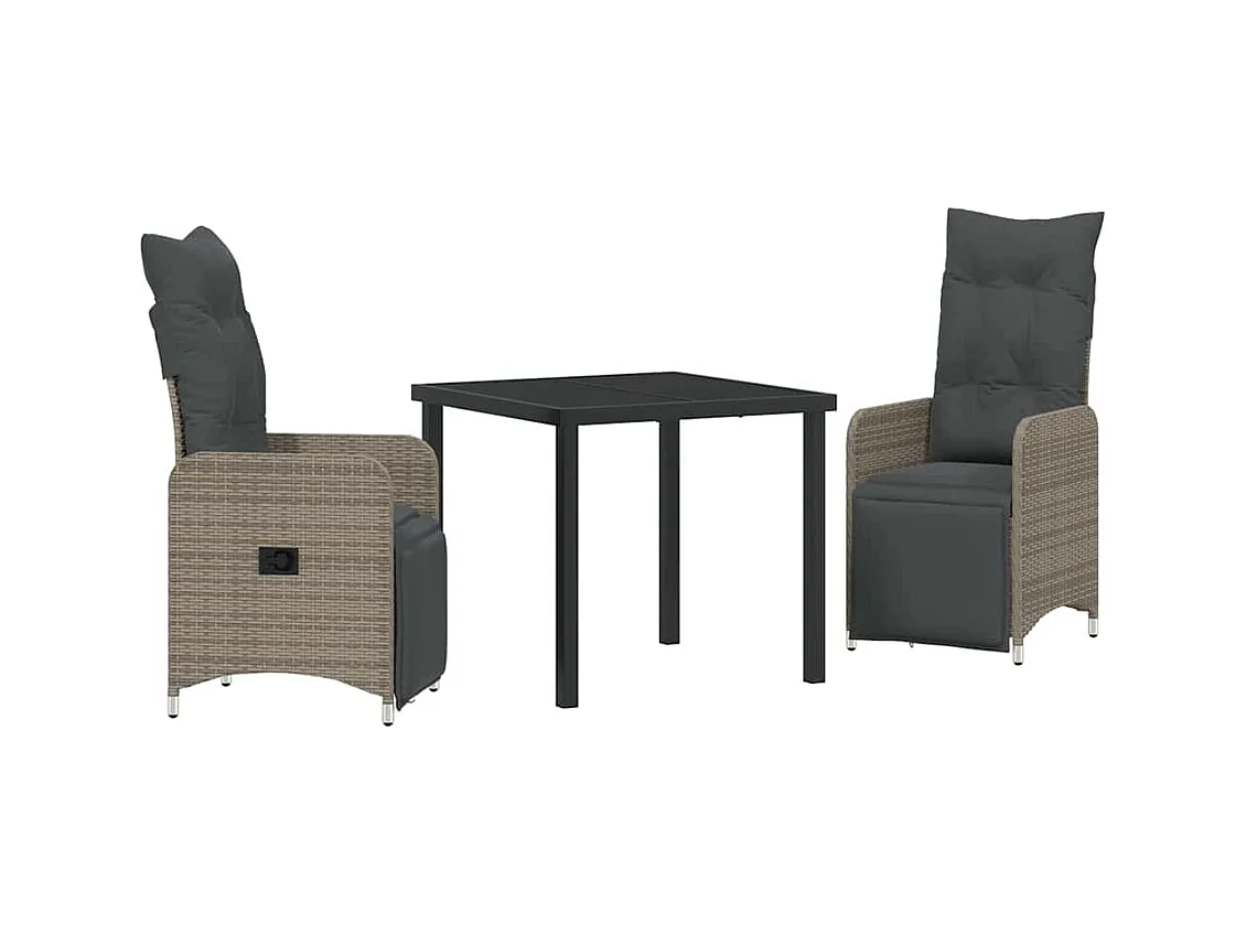 Set da pranzo da giardino 3 pezzi con cuscini in polyrattan grigio