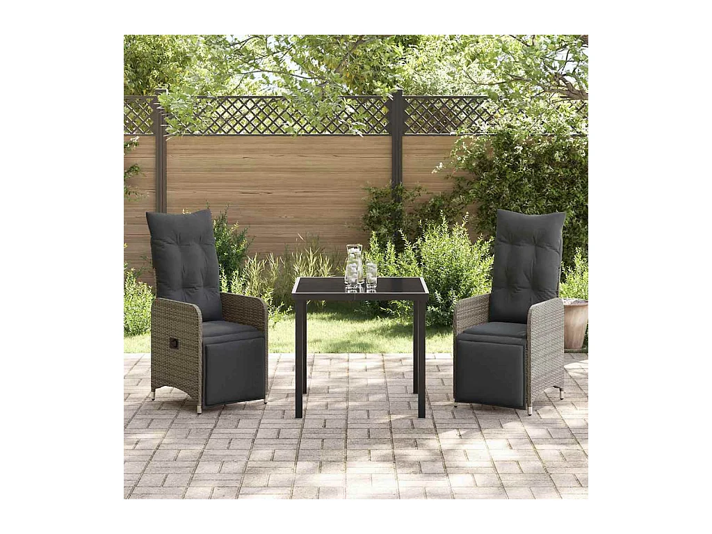 Set da pranzo da giardino 3 pezzi con cuscini in polyrattan grigio