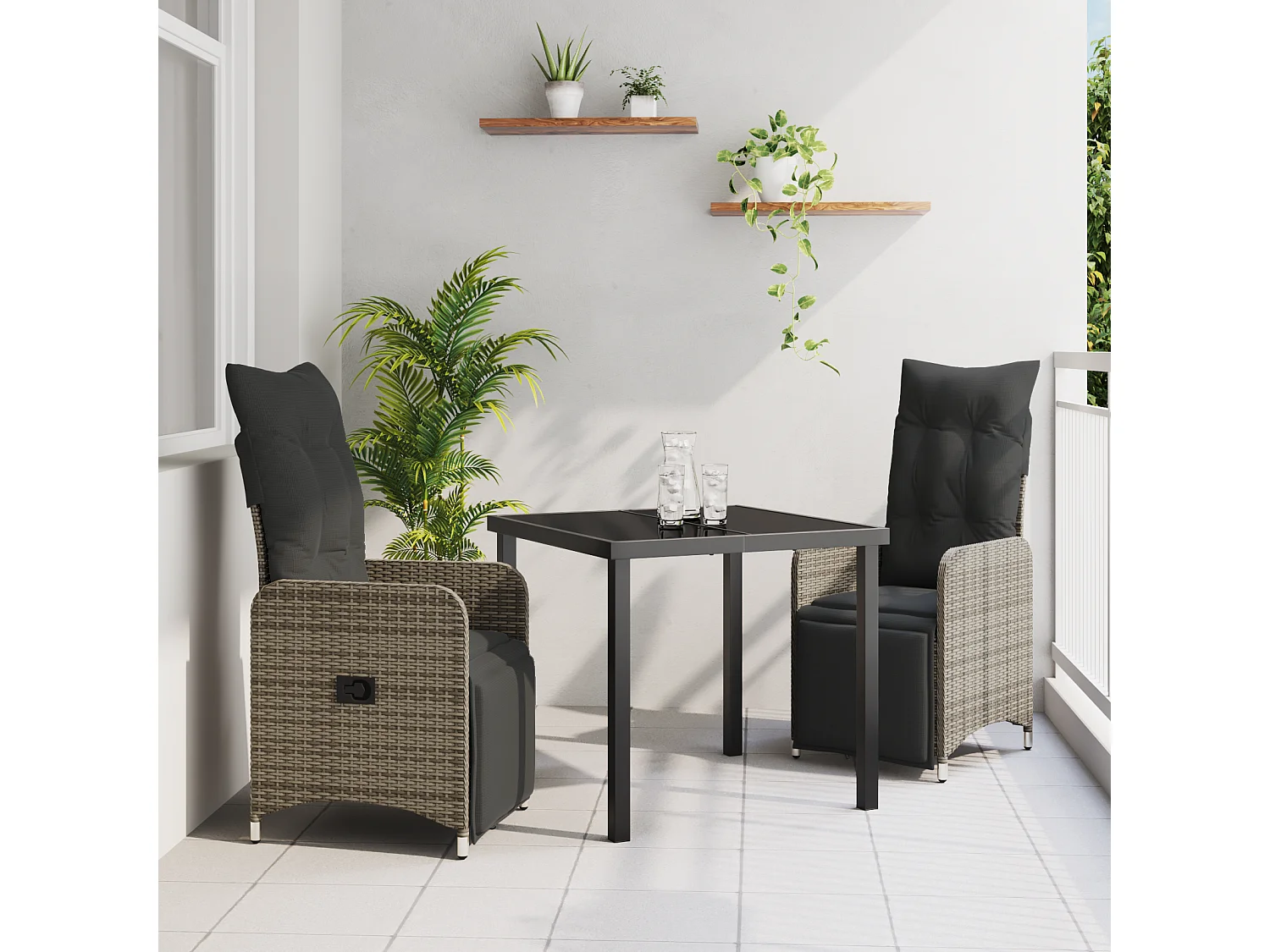 Juego de comedor de jardín de 3 piezas con cojines de ratán sintético gris