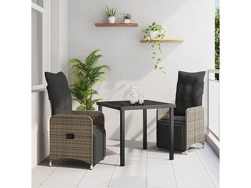 Set da pranzo da giardino 3 pezzi con cuscini in polyrattan grigio