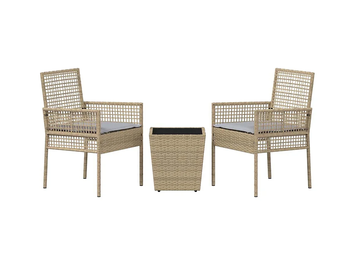 Set da bistrot da giardino 3 pezzi con cuscini beige in polyrattan