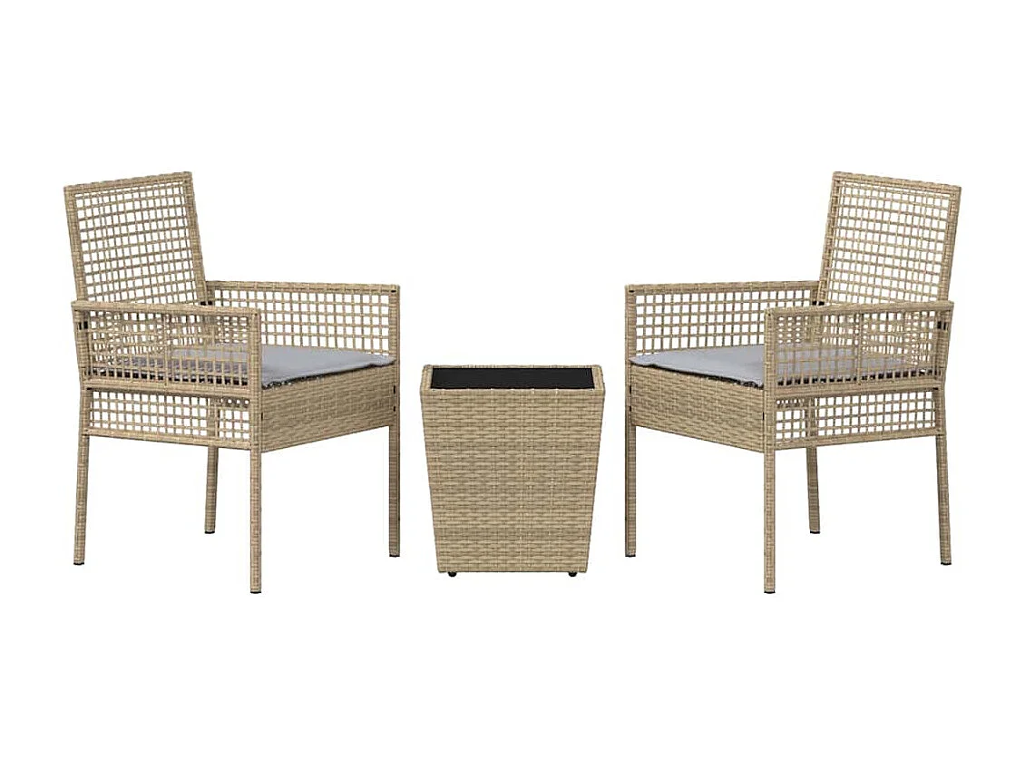 Set da bistrot da giardino 3 pezzi con cuscini beige in polyrattan