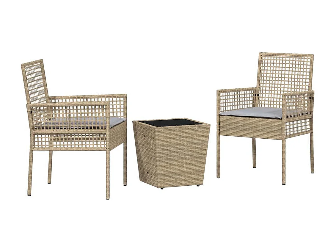 Conjunto de bistró de jardín de 3 piezas con cojines beige en ratán sintético