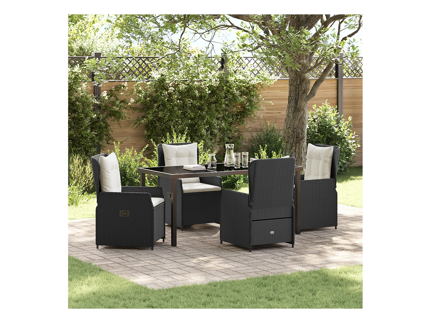 5-teiliges Garten-Essset, schwarzes Polyrattan