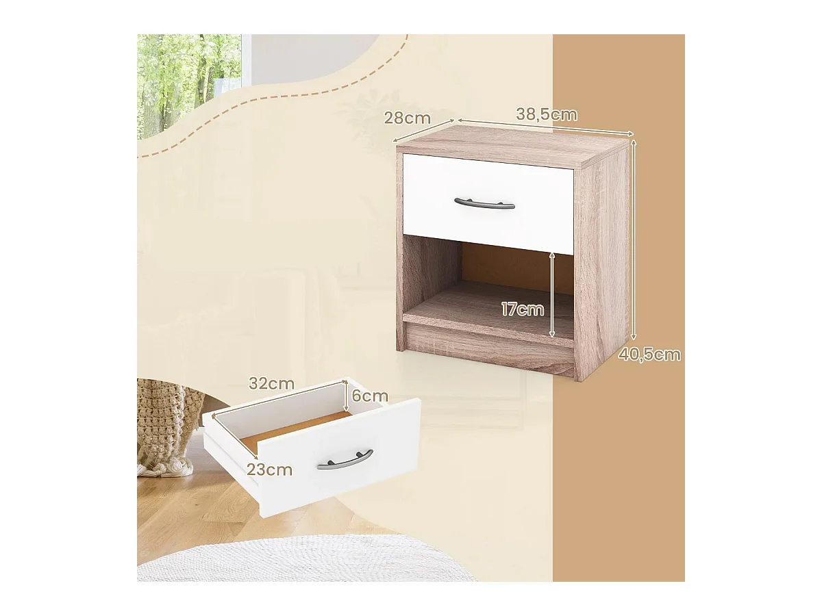 Nachttisch mit Schublade Kleiner Beistelltisch mit offenem Fach 38,5 x 28 x 40,5 cm Natur + Weiß