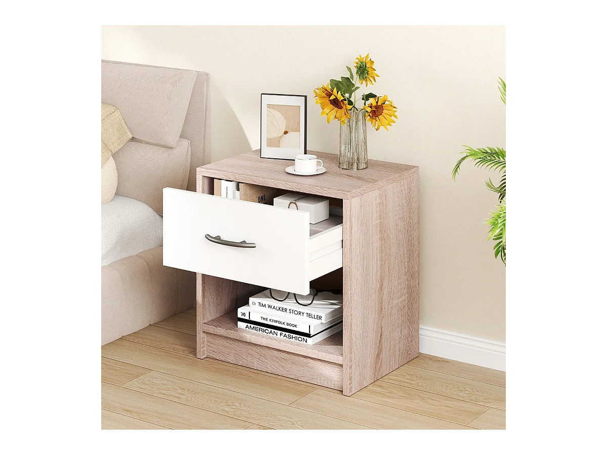 Nachttisch mit Schublade Kleiner Beistelltisch mit offenem Fach 38,5 x 28 x 40,5 cm Natur + Weiß