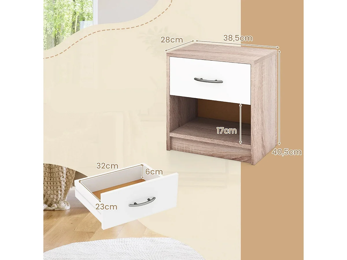 Nachttisch mit Schublade Kleiner Beistelltisch mit offenem Fach 38,5 x 28 x 40,5 cm Natur + Weiß
