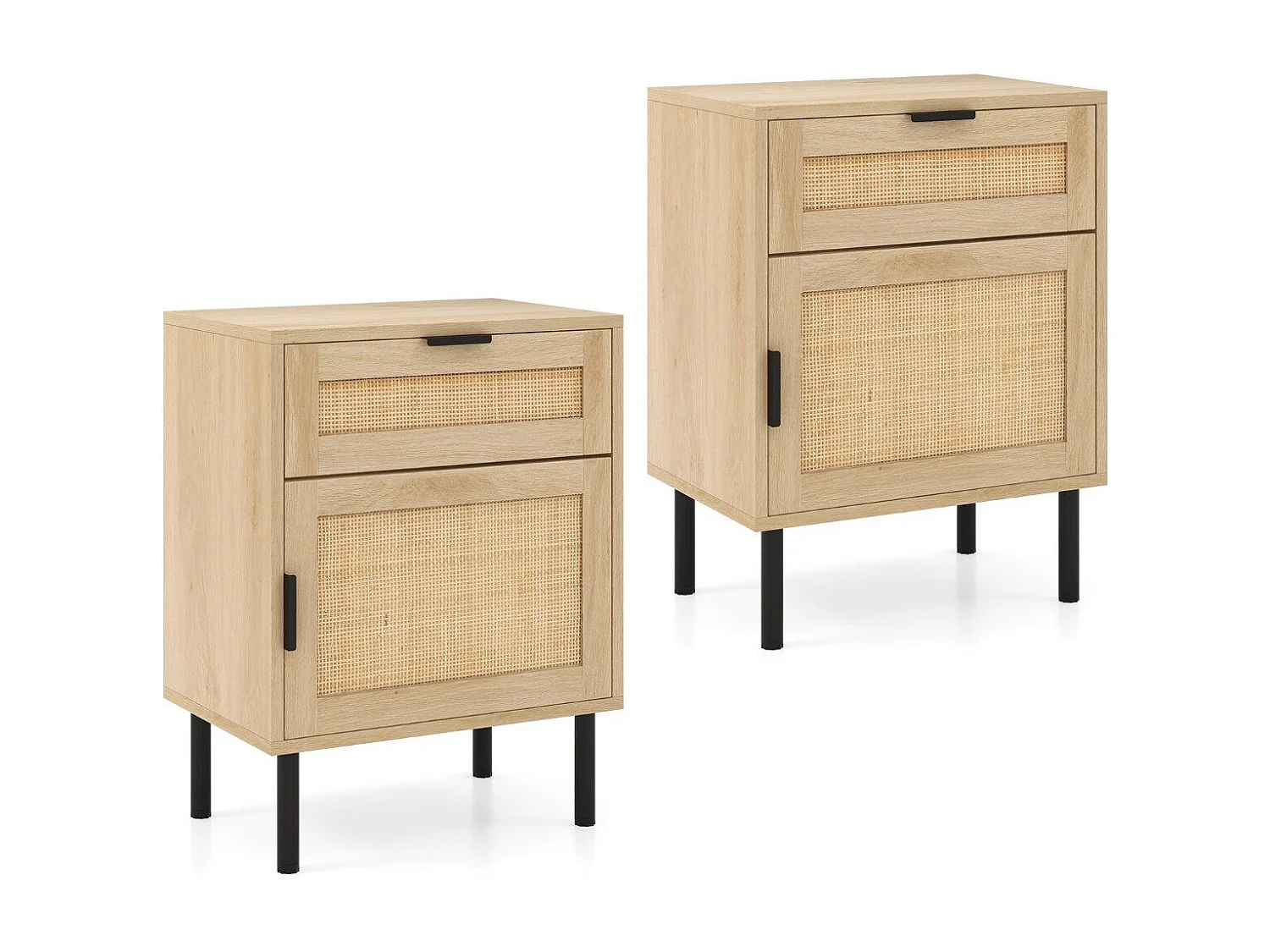 Lot de 2 Tables de Chevet en Rotin Table d'Appoint du Milieu du Siècle avec Tiroir et Cabinet Table de Nuit avec Pieds Métalliques Naturel