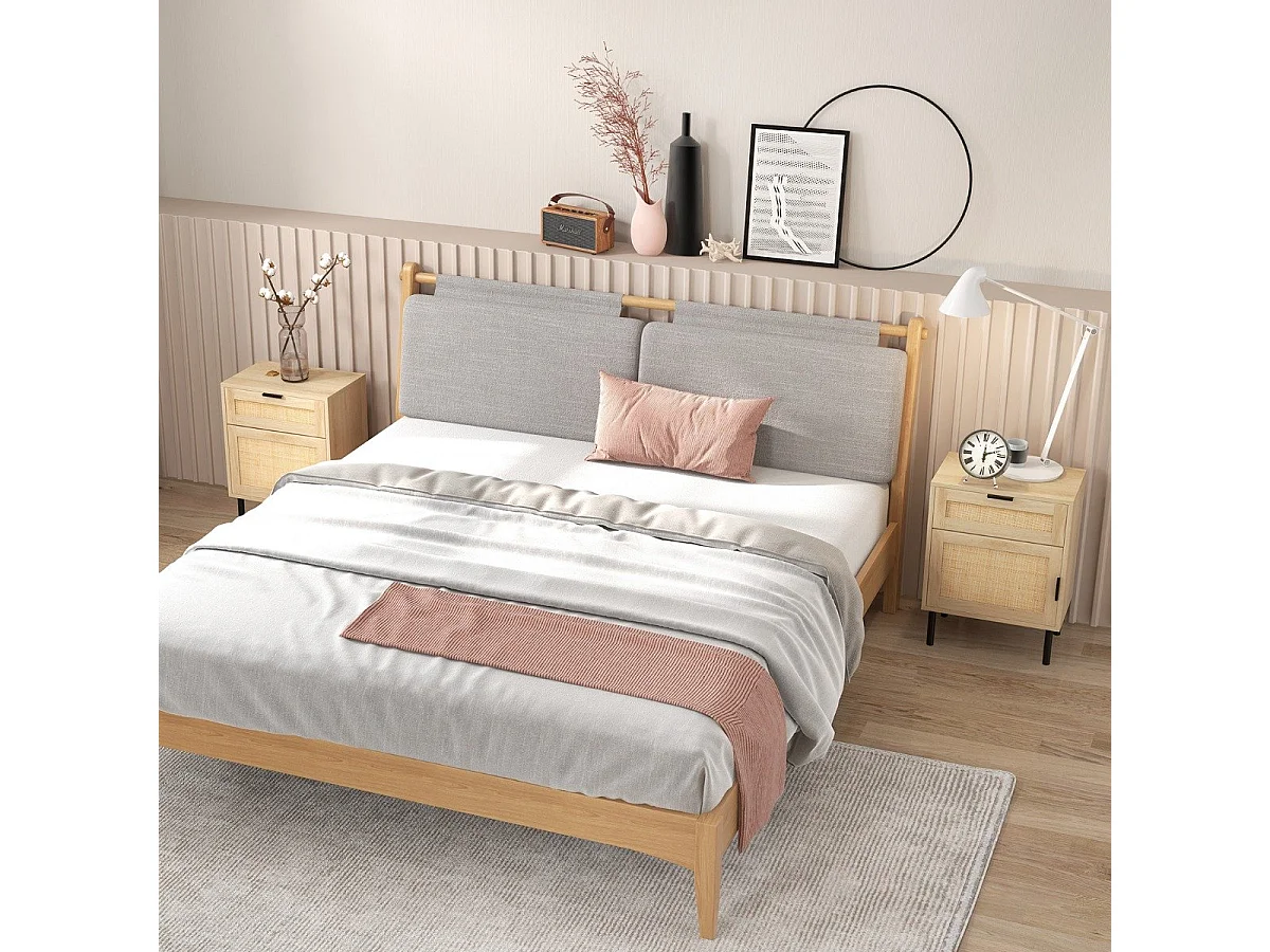 Lot de 2 Tables de Chevet en Rotin Table d'Appoint du Milieu du Siècle avec Tiroir et Cabinet Table de Nuit avec Pieds Métalliques Naturel