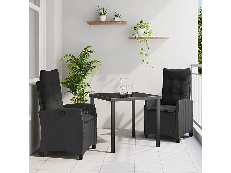 3-teiliges Garten-Essset mit Kissen – Schwarzes Rattan