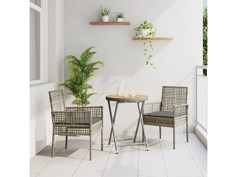 Ensemble Bistro de Jardin 3 Pièces avec Coussins Gris en Poly Rattan