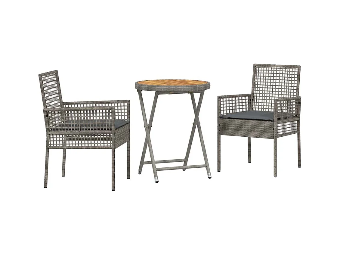 Set da bistrot da giardino 3 pezzi con cuscini in polyrattan grigio