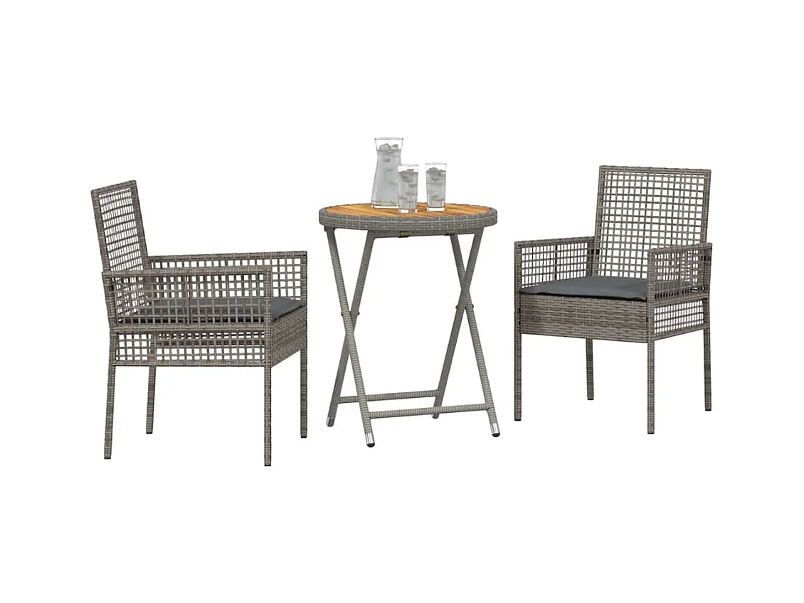 Set da bistrot da giardino 3 pezzi con cuscini in polyrattan grigio