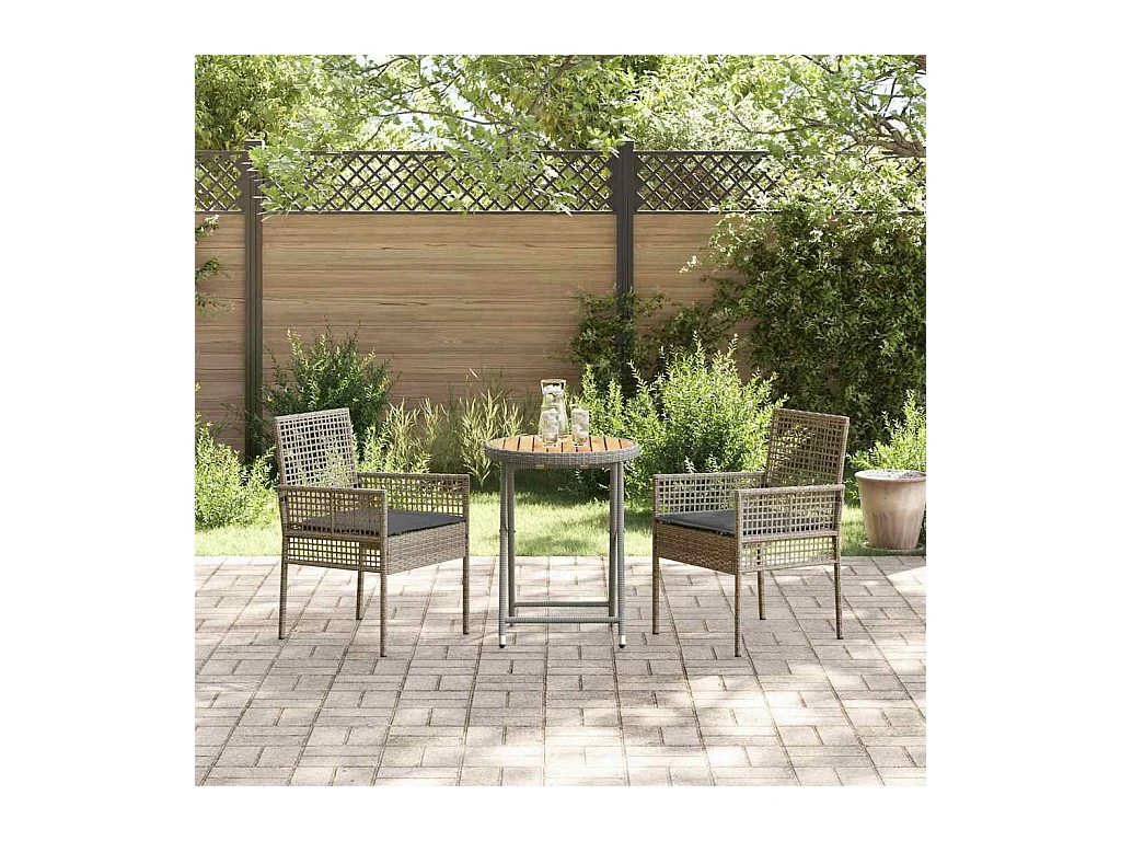 Set da bistrot da giardino 3 pezzi con cuscini in polyrattan grigio