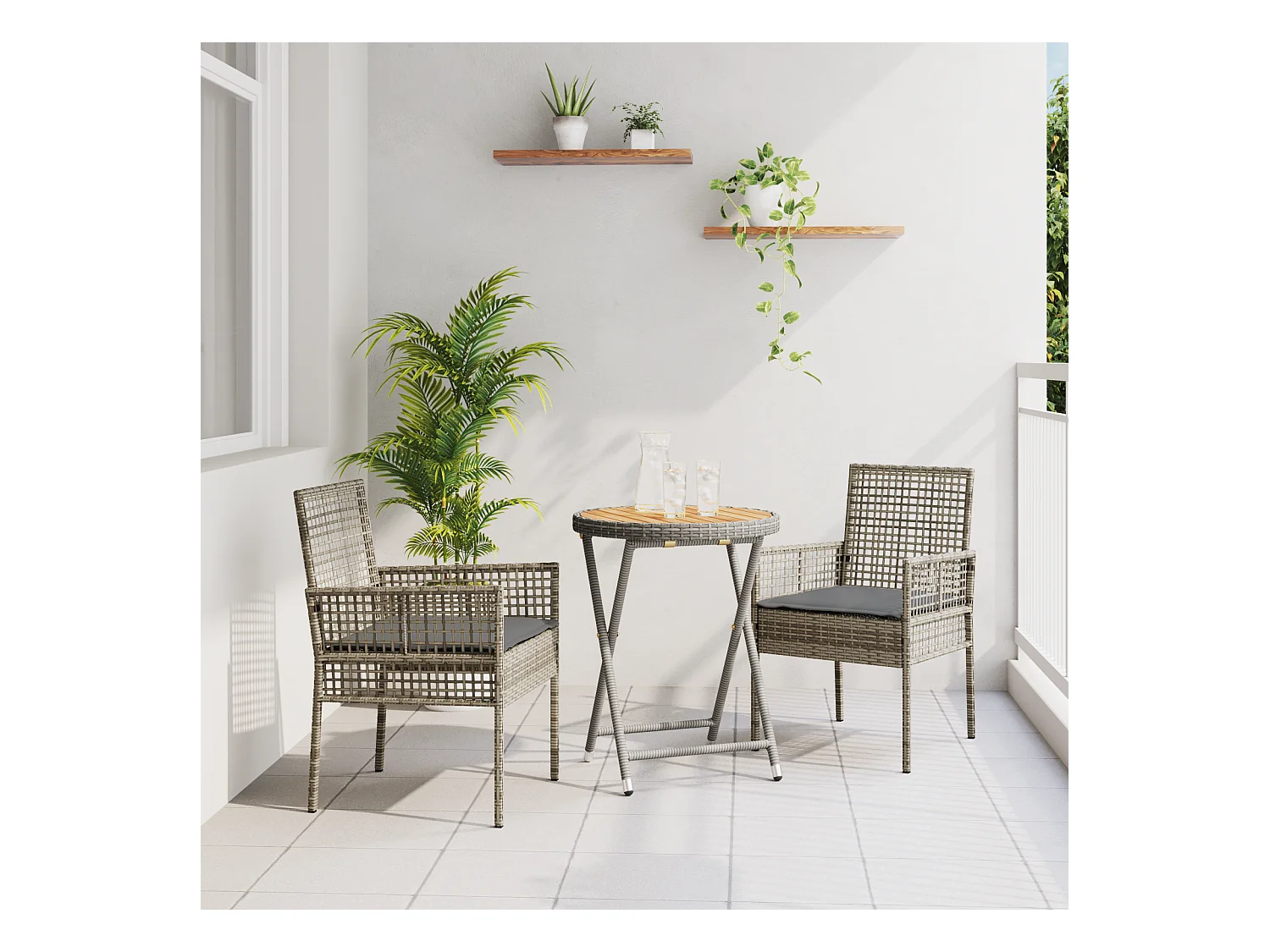 Ensemble Bistro de Jardin 3 Pièces avec Coussins Gris en Poly Rattan