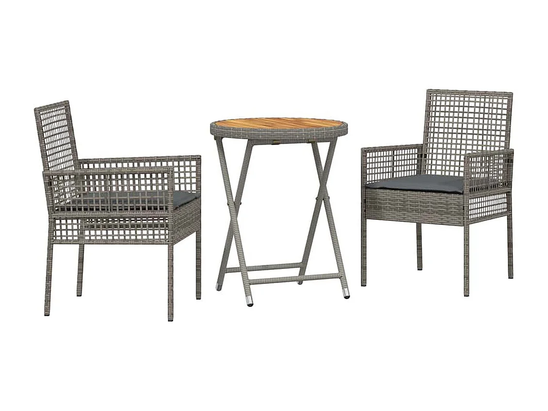 Ensemble Bistro de Jardin 3 Pièces avec Coussins Gris en Poly Rattan