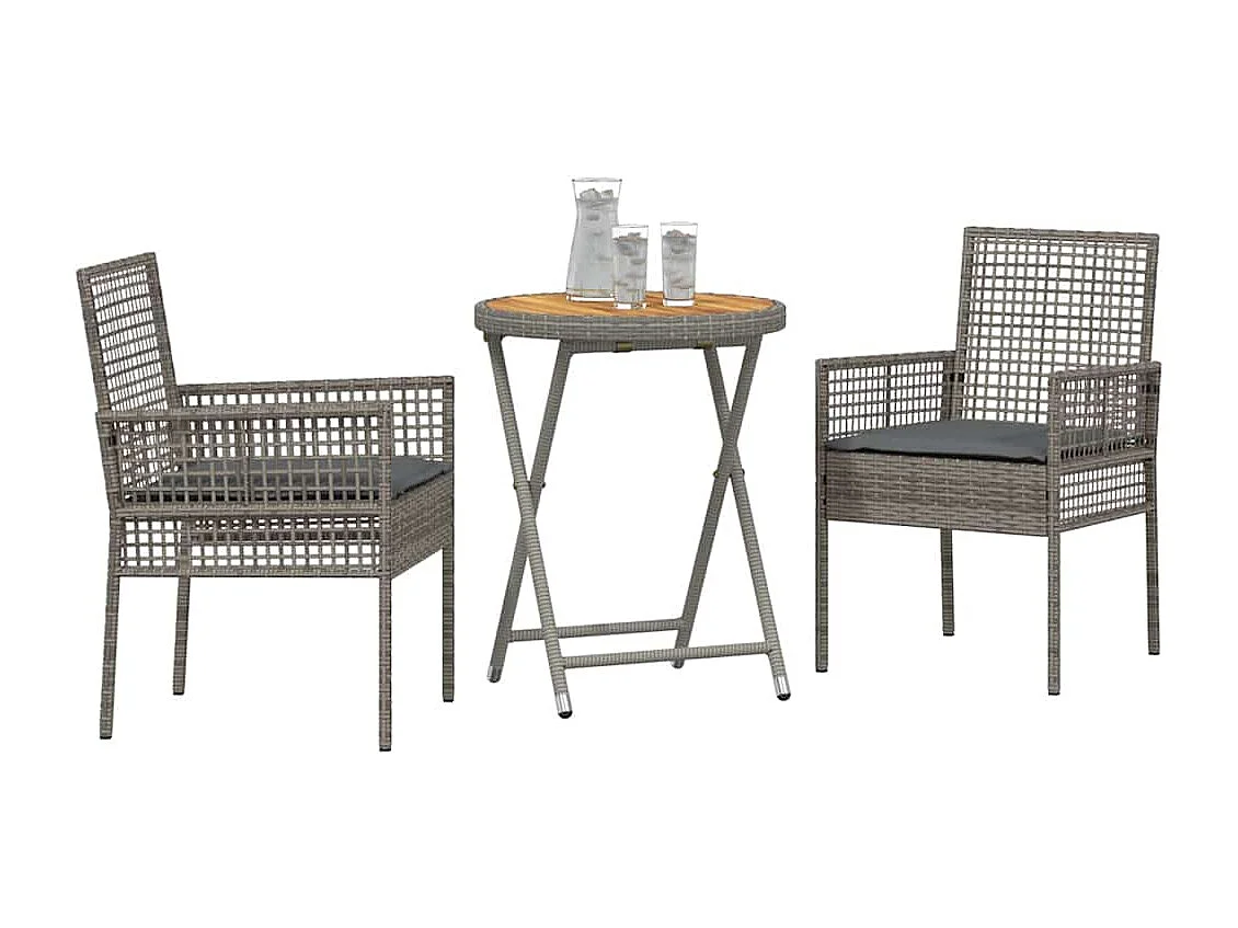 Ensemble Bistro de Jardin 3 Pièces avec Coussins Gris en Poly Rattan