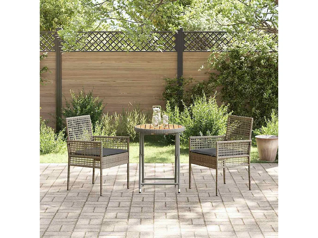 Ensemble Bistro de Jardin 3 Pièces avec Coussins Gris en Poly Rattan