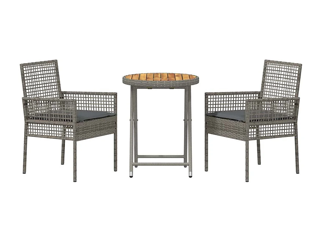 Ensemble Bistro de Jardin 3 Pièces avec Coussins Gris en Poly Rattan
