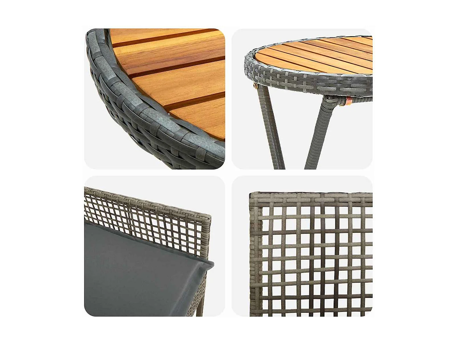 Ensemble Bistro de Jardin 3 Pièces avec Coussins Gris en Poly Rattan